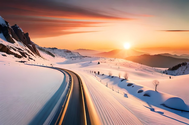 Una strada nella neve con una macchina gialla che la percorre.