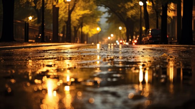 Una strada piovosa di notte con alberi e luci che illuminano la scena