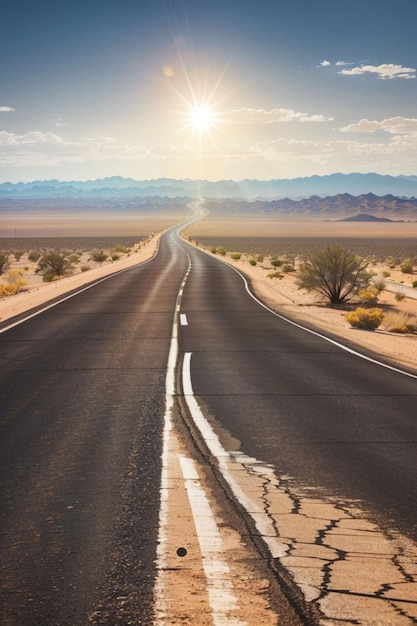Una strada solitaria e tortuosa si estende attraverso il vasto deserto bruciato dal sole con il suo asfalto luccicante