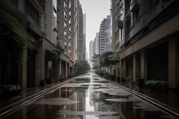 Una strada sotto la pioggia