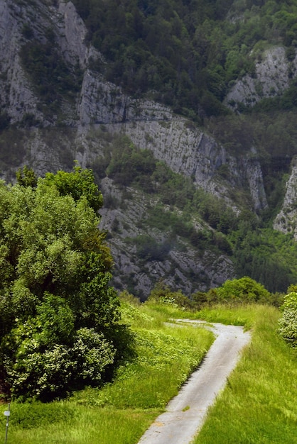 Una strada sterrata conduce a una montagna