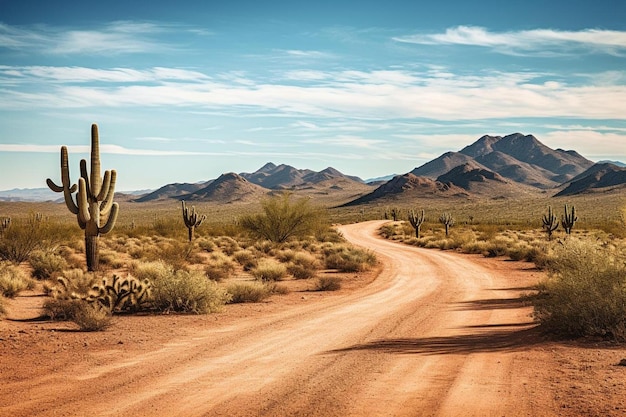 Una strada sterrata conduce in un paesaggio desertico.