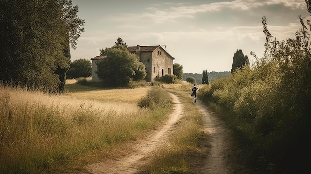 Una strada sterrata in un campo con una casa sullo sfondo