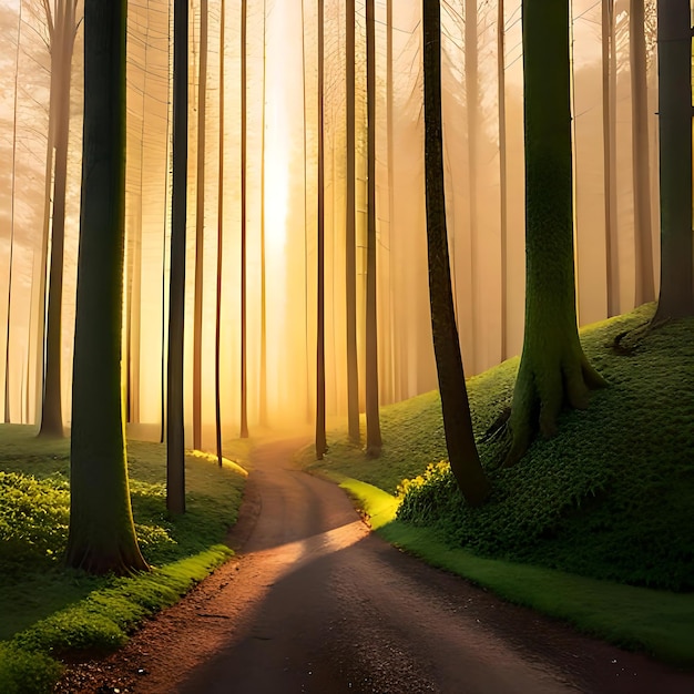 Una strada sterrata nel mezzo di una foresta illuminata da tremolanti raggi di sole