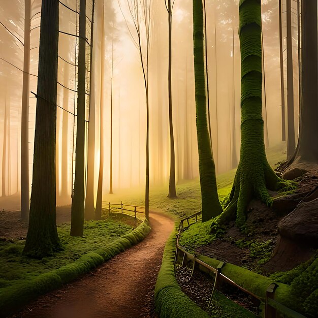 Una strada sterrata nel mezzo di una foresta illuminata da tremolanti raggi di sole