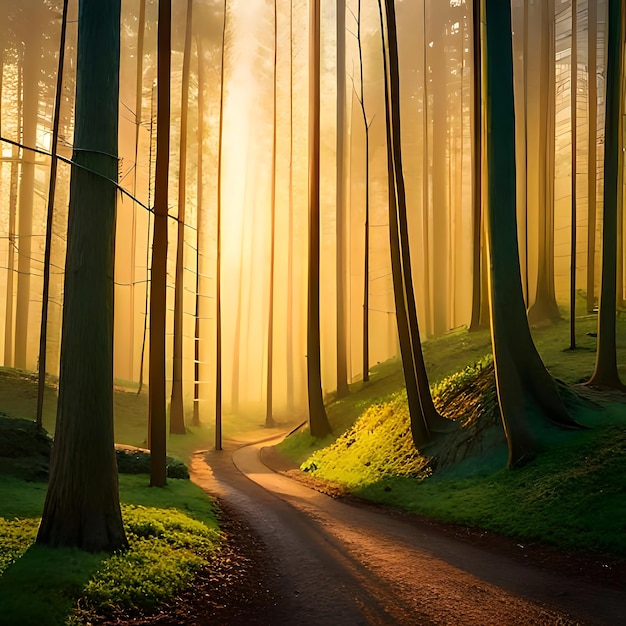 Una strada sterrata nel mezzo di una foresta illuminata da tremolanti raggi di sole