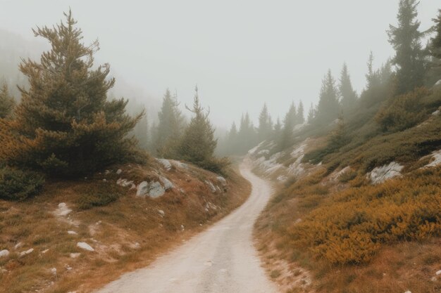 Una strada su una montagna nebbiosa viene catturata in una bella immagine diurna