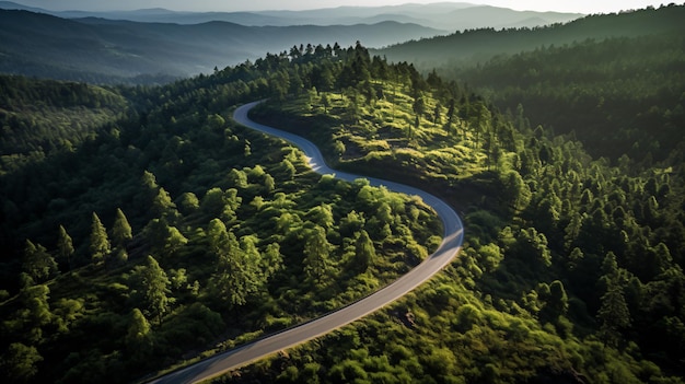 una strada tortuosa che si snoda attraverso una lussureggiante foresta verde