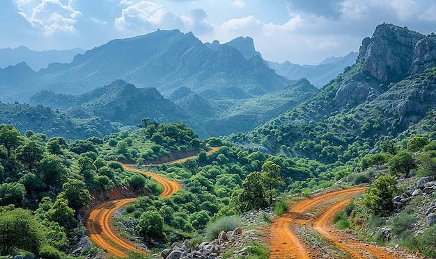 una strada tortuosa con una montagna sullo sfondo