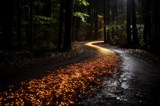 una strada tortuosa nel bosco di notte con lucciole arancioni