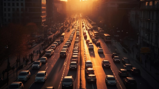 Una strada trafficata con un tramonto sullo sfondo