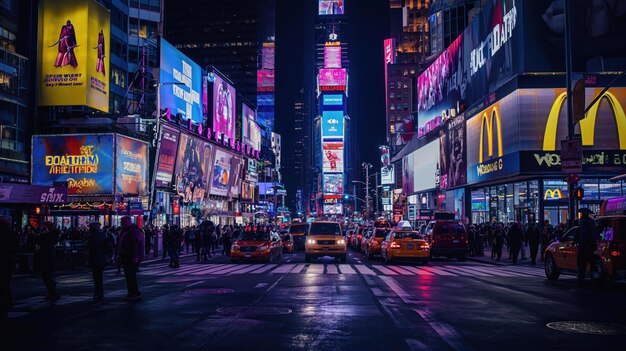 Una strada trafficata di notte con molto traffico e luci al neon