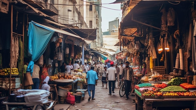 Una strada trafficata in India con un sacco di gente che cammina