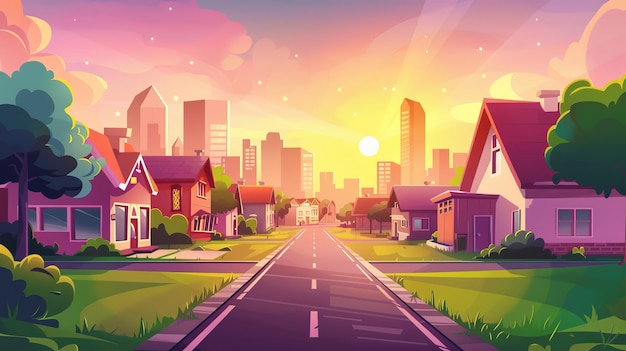 Una strada urbana al tramonto contro un cielo arancione e rosa con un paesaggio cittadino al crepuscolo sullo sfondo Illustrazione di cartoni animati di accoglienti cottage lungo un vicolo rurale con erba verde grattacieli moderni rosa