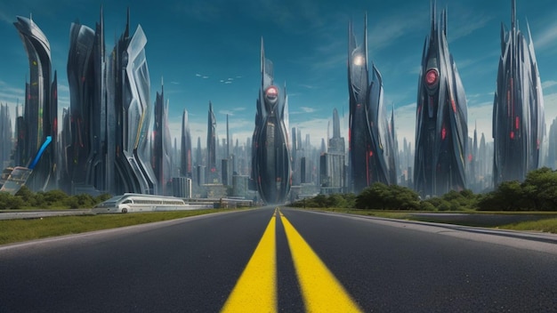 Una strada verso un mondo futuro di città futuristica