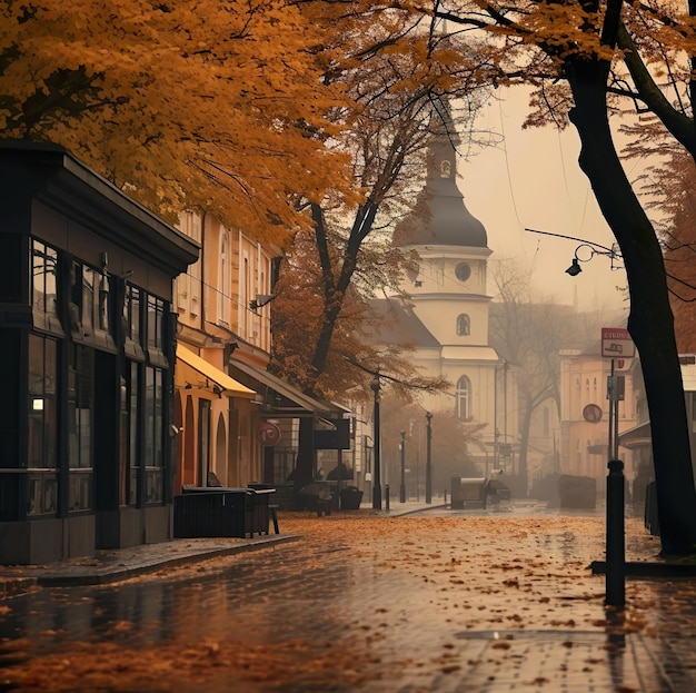 Una strada vista con un cartello in autunno