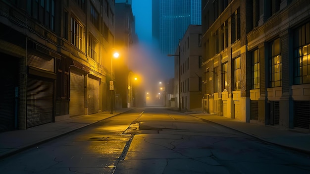 Una strada vuota con una lampada gialla di notte