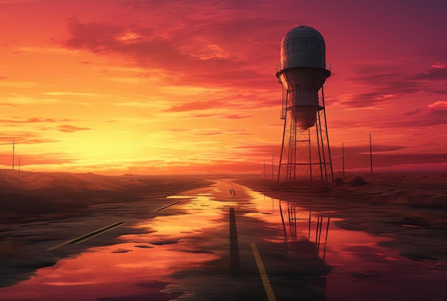 una strada vuota con una torre dell'acqua e il sole al tramonto