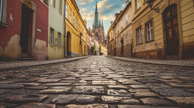 Una strada vuota di ciottoli bagnata da una luce morbida che porta a una cattedrale storica ornata al tramonto