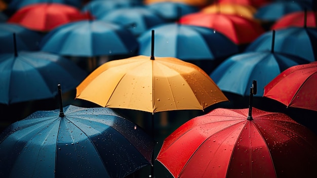 Una straordinaria composizione di ombrelli aperti sotto una pioggia torrenziale Generative Ai