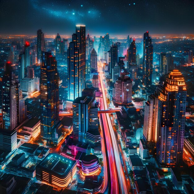Una straordinaria fotografia aerea notturna di grattacieli a Bangkok