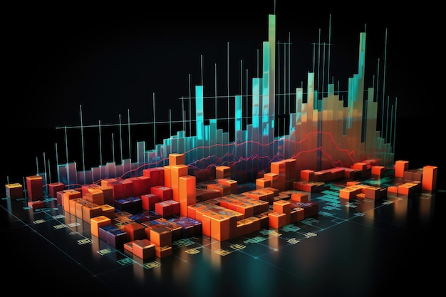 Una straordinaria immagine generata dal computer che mostra gli edifici torreggianti e l'espansione urbana dello skyline di una città. Modello 3D hightech di un grafico del mercato azionario generato dall'intelligenza artificiale.