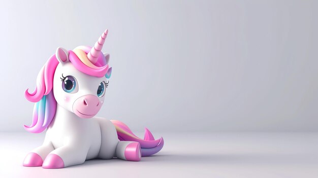 Una stravagante illustrazione 3D di un unicorno con un'espressione affascinante su uno sfondo bianco pulito che irradia dolcezza e magia Perfetto per aggiungere un tocco di incanto a qualsiasi progetto