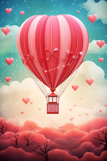 una stravagante illustrazione di San Valentino di un palloncino ad aria calda che si innalza nel cielo