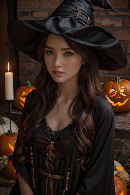 una strega con un cappello nero e una candela sullo sfondo