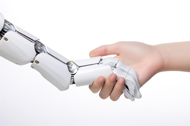 una stretta di mano di una persona con la trasformazione digitale di intelligenza artificiale robotica su sfondo bianco