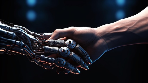 Una stretta di mano robot con una mano umana