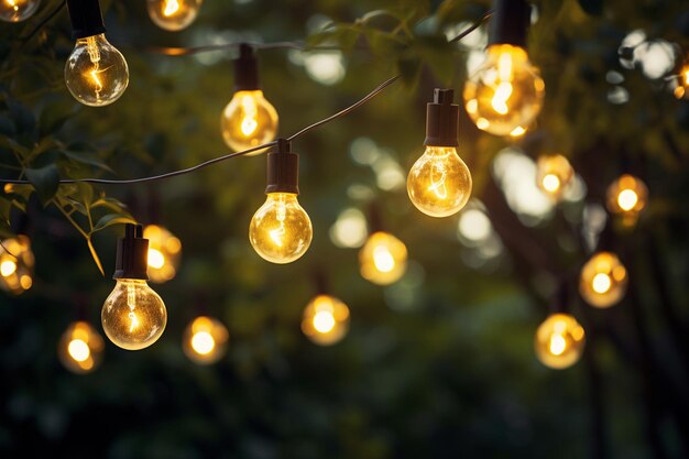 una stringa di luci appesa sullo sfondo in stile bokeh dell'albero