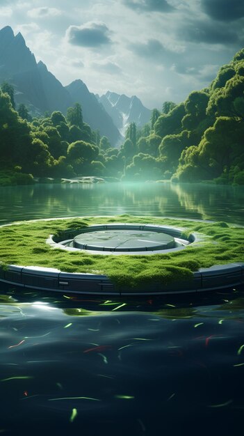 Una struttura d'acqua circolare circondata da alberi e natura nel mezzo di una foresta AI generativa