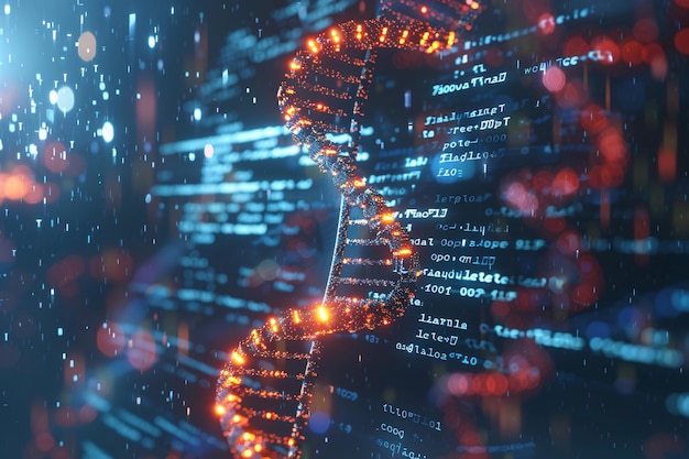 Una struttura del DNA in uno sfondo concettuale di laboratorio scientifico di Generative AI