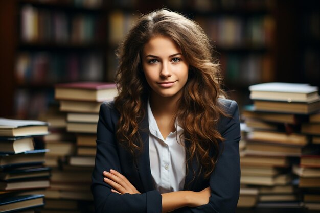 una studentessa è seduta in classe con diversi libri