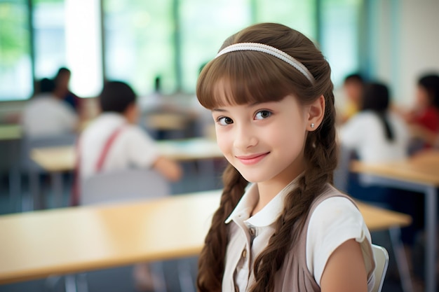 Una studentessa felice e sorridente seduta in classe