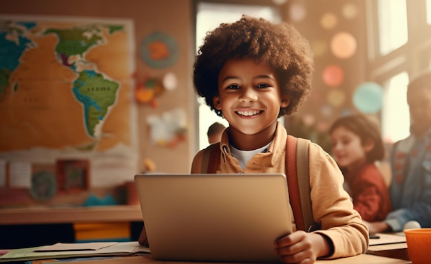 Una studentessa felice e sorridente seduta in classe