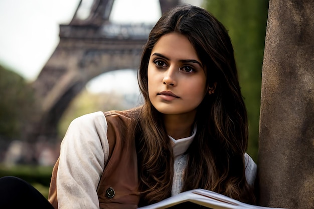 Una studentessa indiana che legge un libro sullo sfondo della Torre Eiffel a Parigi