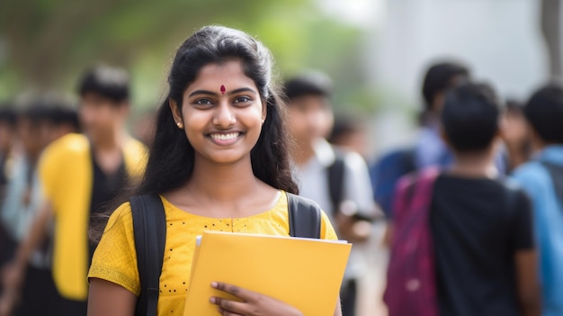 Una studentessa universitaria dell'India meridionale in giallo è in piedi in un campus universitario