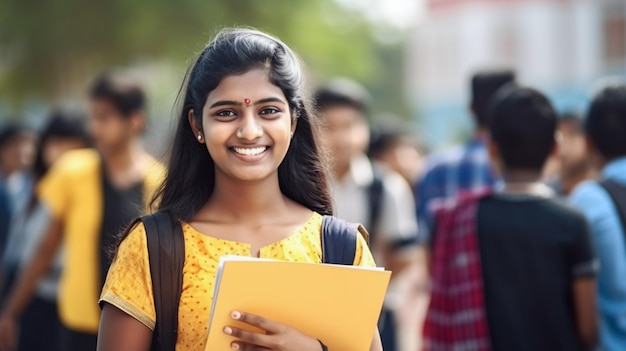 Una studentessa universitaria dell'India meridionale in giallo è in piedi in un campus universitario
