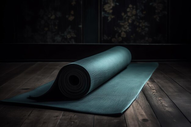 Una stuoia di yoga blu su un pavimento di legno