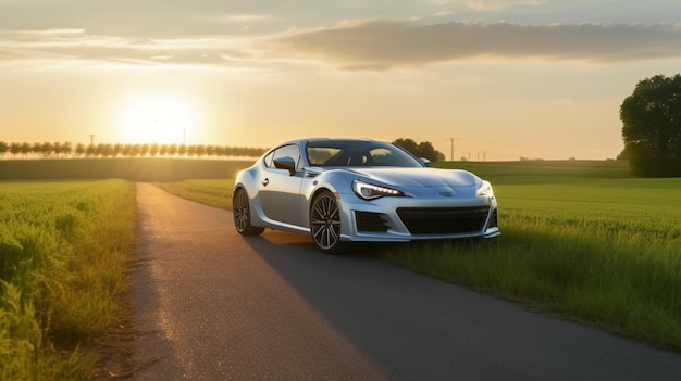 Una subaru brz argentata è parcheggiata su una strada davanti a un tramonto.