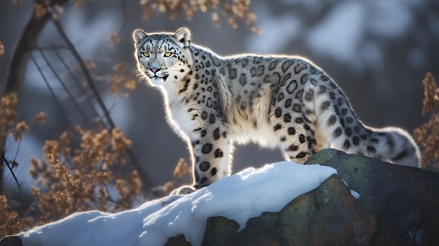 Una suggestiva fotografia di un leopardo delle nevi appollaiato su una sporgenza rocciosa