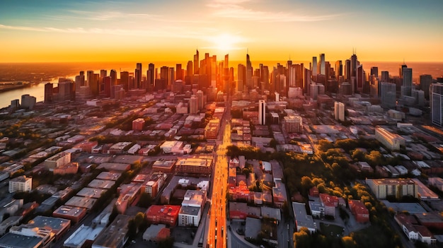 Una suggestiva veduta aerea di un paesaggio urbano immerso nella calda luce del sole radiante durante l'ora d'oro