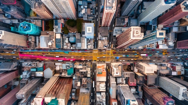 Una suggestiva vista a volo d'uccello di un vivace paesaggio urbano che rivela l'intricata armonia dell'architettura e della vita urbana