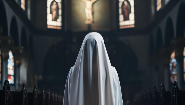 Una suora in piedi in una chiesa con una croce sullo sfondo