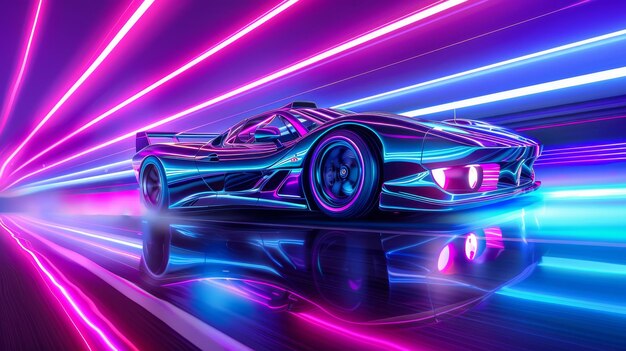 Una supercar che attraversa un mondo 3D illuminato al neon. Illustrazione generata dall'AI