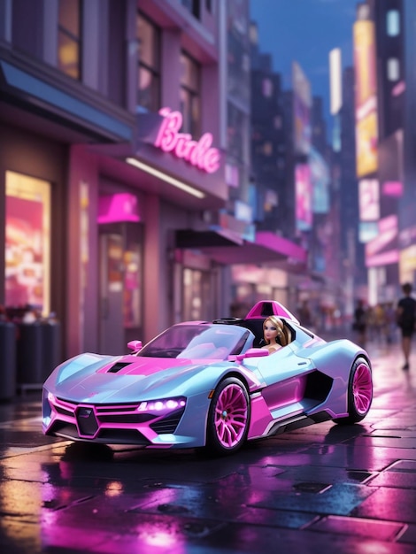 Una supercar futuristica di Barbie alla guida