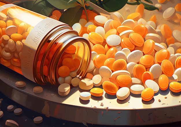 Una superficie arancione piena di diversi tipi di pillole