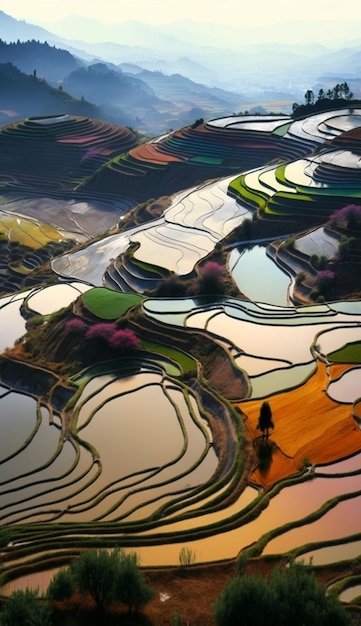 Una superficie d'acqua con un paesaggio montano sullo sfondo.